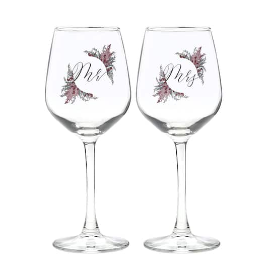 12oz. Mr. &#x26; Mrs. Dried Floral Wine Glass Set